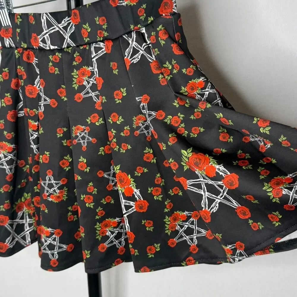 Black and red witchy goth rose star pentagram pleated mini skirt